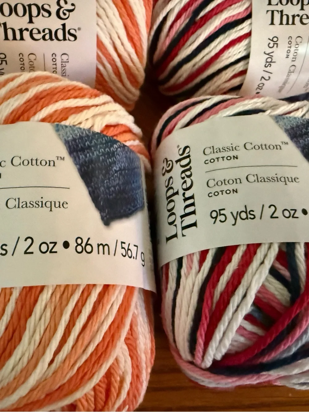 5 Loops & Threads Variegated Cotton Blend Yarn - Coral, Pink, Green Mix